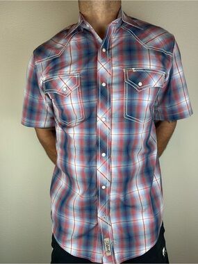 Rafter C Cowboy Collection Western Snap Shirt Men's M Red Blue Plaid Stretch